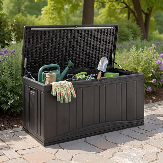 Tangkula 80 Gallon Outdoor Storage Box, Large HDPE Resin Patio Storage Box with Gas Struts & Lockable Lid, 2-in-1 Waterproof Deck Box for Package Delivery, Garden Tools, Outdoor Cushions