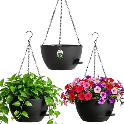 10 Inch Self-Watering Hanging Planters Set of 3 with Saucers | Set of 3 10-inch self-watering hanging planters with extra growing space, side-fill ports, chain hangers & snap-on saucers