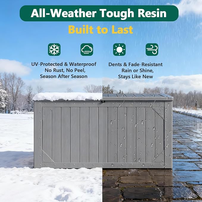 Outdoor Storage Box, 98 Gallon Deck Box, Outdoor Storage Bench, Waterproof Resin Storage Bench with Lockable Lid, Patio Furniture Cushions & Garden Tools Storage, UV Resistant (Gray)