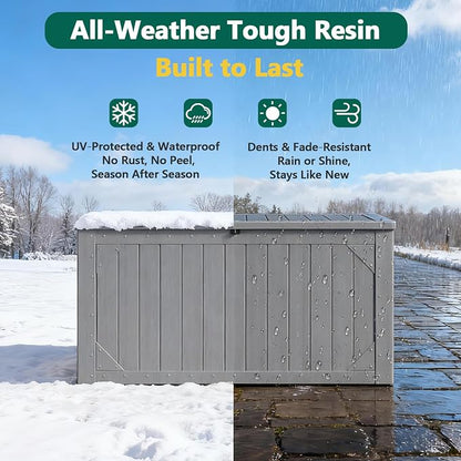 Outdoor Storage Box, 98 Gallon Deck Box, Outdoor Storage Bench, Waterproof Resin Storage Bench with Lockable Lid, Patio Furniture Cushions & Garden Tools Storage, UV Resistant (Gray)