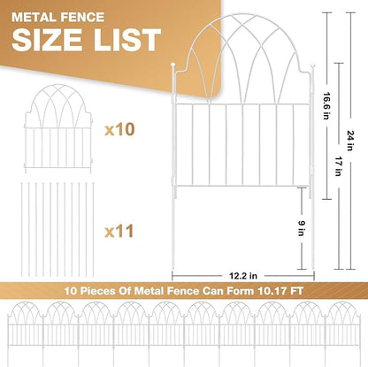 Garden Fence Panels - 17 in(H) x 10.56ft(L) White Metal Fence No Dig Decorative Fence with Stakes Animal Barrier Fence for Dogs, Flower Bed Edging Wire Border for Yard, Patio, Outdoor Decor