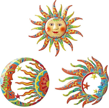 VividLadybug Sun Moon Sun Face Metal Wall Sculpture Set of 3, Indoor Outdoor Garden Fence Decor