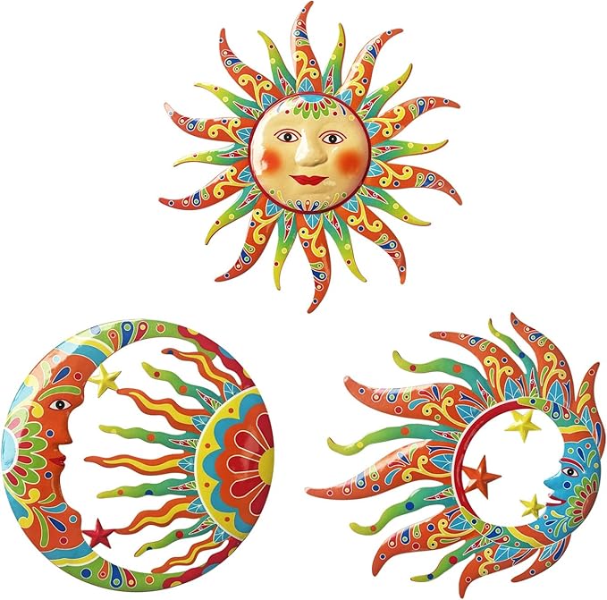 Limygus Vivid Sun Moon Sun Face Metal Wall Sculpture Set of 3, Indoor Outdoor Garden Fence Decor