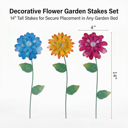 Garden Decor for Outside, 3 Pack Metal Flower Garden Stakes with Glow Beads, Swaying Yard Art for Lawn, Patio, Flower Beds & Outdoor Garden Decorations