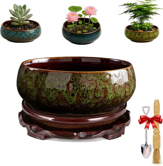 Lotus Bowl Planter - Ceramic Leak-Proof Hydroponic Pot with Rotating Bracket, 6.5 x 2.5 in Round Shallow Plant Glazed Vase, Indoor Water Planting for Home, Patio, Zen Garden Decor