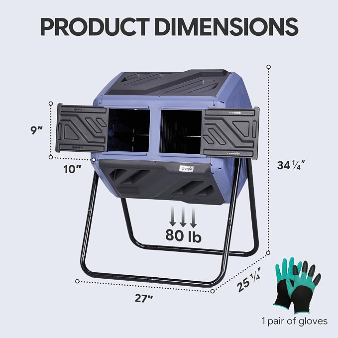 Werph 43 Gal Dual Chamber Compost Tumbler for Garden & Yard, Purple & Black | Fast Assembly, 43 Gal Dual Chambers & Aeration System, 360° Rotating Tumbler, for Garden, Kitchen, & Yard (Gloves Included)