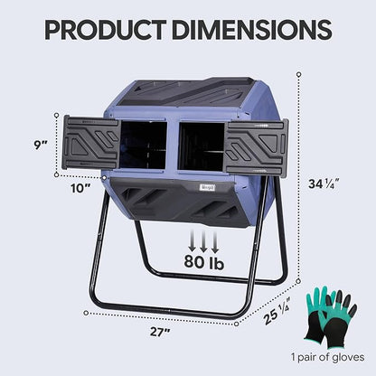 Werph 43 Gal Dual Chamber Compost Tumbler for Garden & Yard, Purple & Black | Fast Assembly, 43 Gal Dual Chambers & Aeration System, 360° Rotating Tumbler, for Garden, Kitchen, & Yard (Gloves Included)