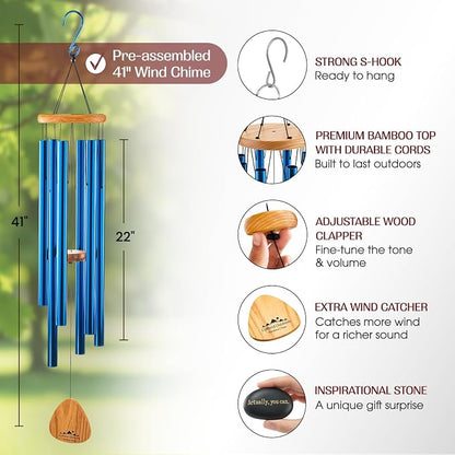 Blue Wind Chimes for Outside Deep Tone, 41 Inch Hand Tuned B Major Pentatonic Alto Wind Chime with Decorative Kindness Stone, Outdoor Garden Patio Porch Decor, Meaningful Sympathy Memorial Gift