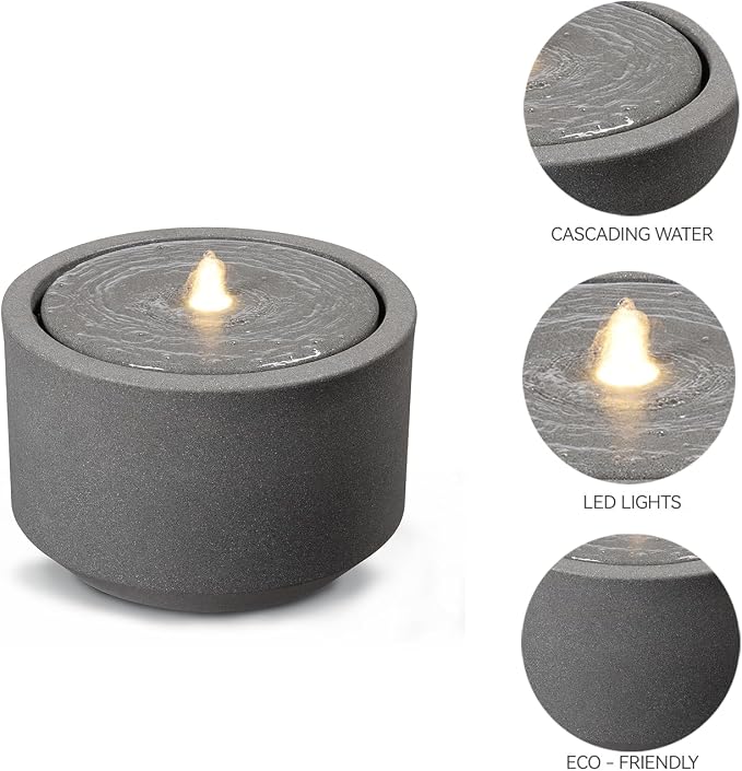 10.23” H Outdoor Water Fountain Made with Eco-Friendly Recyclable Materials, Polyethylene Round Bubbler Water Fountain Outdoor, Garden Decor with LED Light for Patio, Porch, Backyard