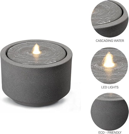 10.23” H Outdoor Water Fountain Made with Eco-Friendly Recyclable Materials, Polyethylene Round Bubbler Water Fountain Outdoor, Garden Decor with LED Light for Patio, Porch, Backyard