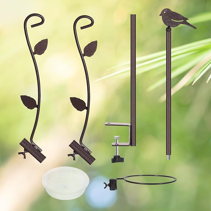 YINGYM Deck Bird Feeder Pole Porch Multi-Hooks Hanging Kit for Outside with Two Adjustable Branches, Water Bowl, Bird Feeder Planter Hanger