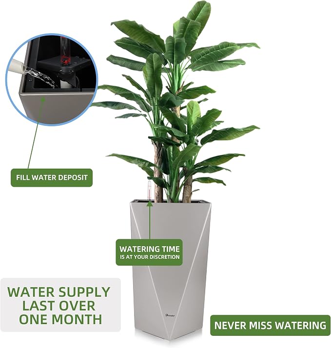 Dexceder 24 Inches Self Watering Tall Planter (Gray) | Diamond Metallic Matte, Thickened Rhombus Large Floor Standing Flower Plant Pot with Water Level Indicator Indoor Outdoor