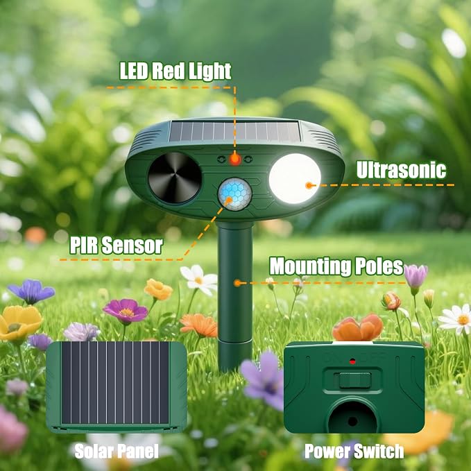2026 Upgraded Ultrasonic Solar Animal Repellent Outdoor, Deer Repellent Devices Squirrel Cat Raccoon Rabbit Dog Deterrent with Motion Sensor Flash Light for Yard Garden Lawn