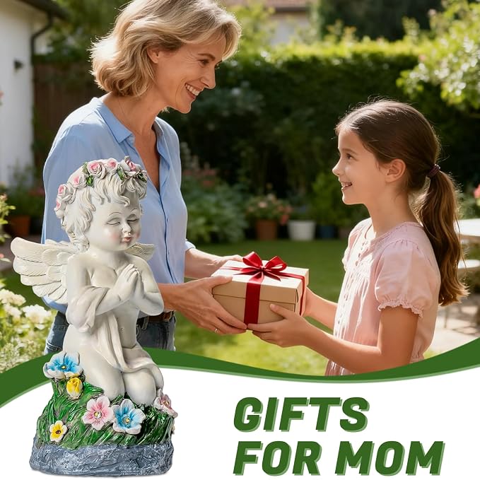 Solar Powered Angel Statue for Garden, Outdoor Spiritual Decorations for Patio Lawn Cemetery, Illuminated Seraphim Figurine with Warm Light, Gift for Women Religious Faith Ornament, Rustproof Resin
