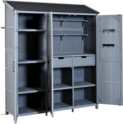 Merax Outdoor Wood Large Garden Storage Shed with Waterproof Roof, Patio 3 Doors Storage Cabinet with Workstation, 7 Storage Shelves, 2 Drawers and 6 Hooks for Backyard, Gray