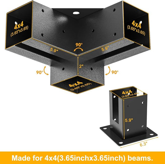 4x4 Pergola Brackets Kit, 3-Way Powder-Coated Woodworks Corner Brackets, 2 Bracket Shoulders & 2 Wood Post Base, 4PCS Woodwork Pergola Kit Elevated Wood Stand Kit