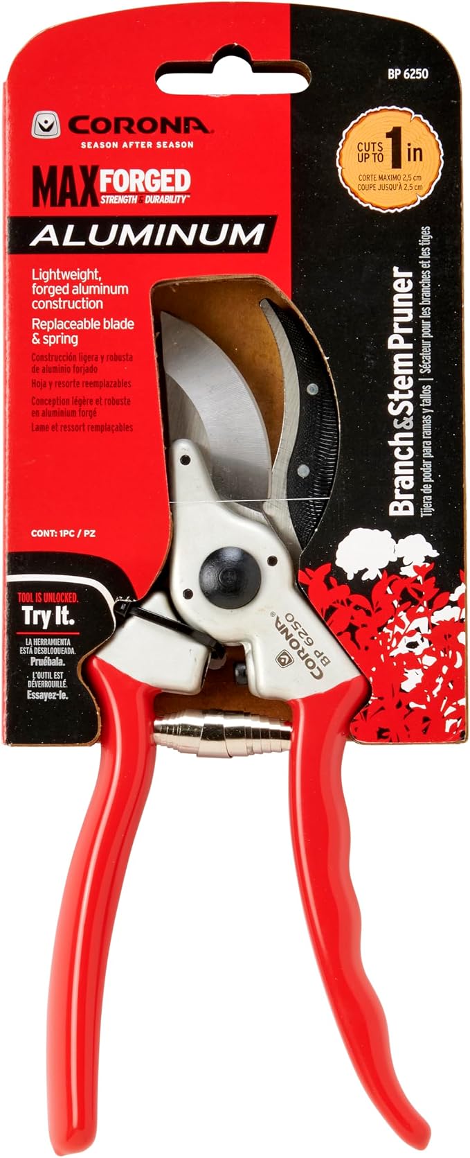 Corona Tools BP 6250 MAXFORGED Aluminum Bypass Pruner, 1-Inch Cut Capacity, Professional Hand Pruning Shears with Replaceable Steel Blade & Non-Slip Comfort Grip