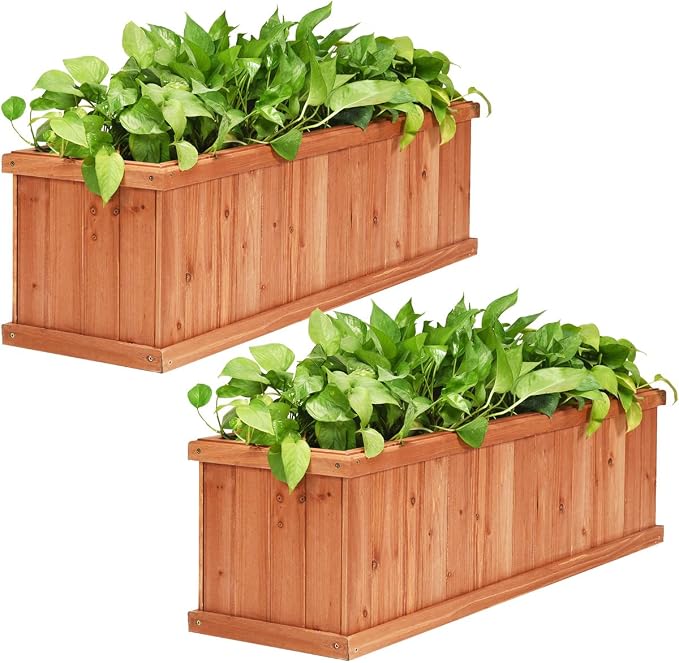 Giantex Raised Garden Bed Set of 2, 40 x 12 x 12 Inch Wooden Flower and Vegetable Planter Box, Rectangular Window Planter Box for Patio, Balcony, Porch and Yard