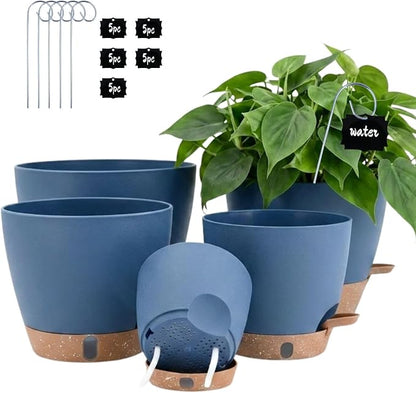 montresor 5-Pack Self Watering Pots for Indoor Outdoor Plants, 10/9/8/7/6.5Inch PP Plastic Planters for Outdoor Plants with Water Level Indicator & Drainage, Self Watering Outdoor Planters (Blue)