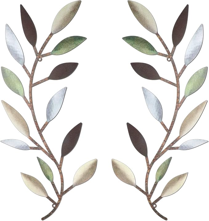 Zhengmy 2 Pieces Metal Tree Leaf Wall Decor Vine Olive Branch Leaf Wall Art Living Room, Hallway Wall Decor Outdoor Decoration(Colorful)