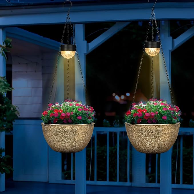 SUNNYPARK 2 Pack Solar Hanging Planters for Plants Outdoor | Self Watering, Copper Flower Pots with Solar Light, Hanging Garden Planters with Drainer for Balcony Patio Outdoor Decor