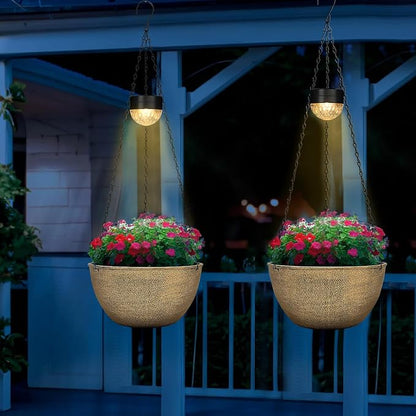 SUNNYPARK 2 Pack Solar Hanging Planters for Plants Outdoor | Self Watering, Copper Flower Pots with Solar Light, Hanging Garden Planters with Drainer for Balcony Patio Outdoor Decor
