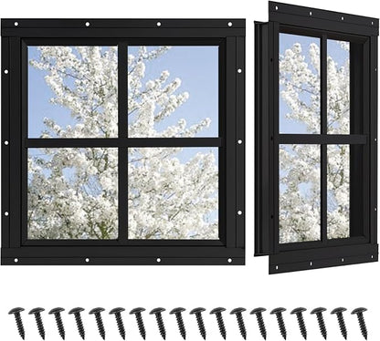 Shed Windows 2 Pack, Chicken Coop Fixed Windows 18" x 18" Black | Square Gable Flush Mounted Small Windows with Tempered Glass for Shed, Barns, Playhouse, Household, Garage