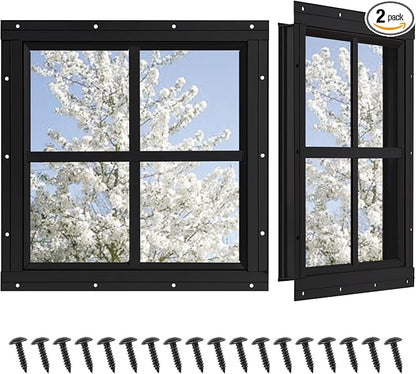 Shed Windows 2 Pack, Chicken Coop Fixed Windows 12" x 12" Black | Square Gable Flush Mounted Small Windows with Tempered Glass for Shed, Barns, Playhouse, Household, Garage