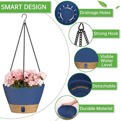 ZMTECH 2 Pack 10 Inch Hanging Baskets for Plants Outdoor Indoor, Modern Blue Planters with Water Level Window & Metal Chain for Balcony Patio Garden Home Decor
