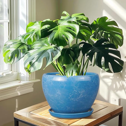 Ceramicfor 10 Inch Planter Pot - Ceramic Pots for Plants with Drainage Hole and Saucer, Round Large Flower Pot for Indoor Plants, Blue