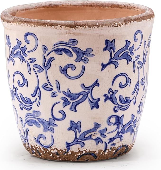 Vintage Ceramic Planter with Drainage Hole, Plastic Tray & Mesh, 5.5 Inch - Indoor/Outdoor Flower Pot, Blue Floral Rustic Farmhouse Design Plant pot for Home, Office & Garden Décor, Ideal Gift