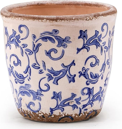 Vintage Ceramic Planter with Drainage Hole, Plastic Tray & Mesh, 5.5 Inch - Indoor/Outdoor Flower Pot, Blue Floral Rustic Farmhouse Design Plant pot for Home, Office & Garden Décor, Ideal Gift