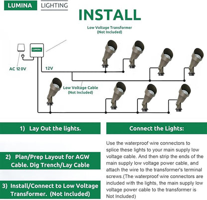 Lumina Lighting® 4W Landscape lighting 12V Landscape Lights Low Voltage Landscape Spotlights Warm White Waterproof Outdoor Replaceable LED Bulb for Garden, Lawn, Porch, Patio and Yard (Bronze, 2-Pack)