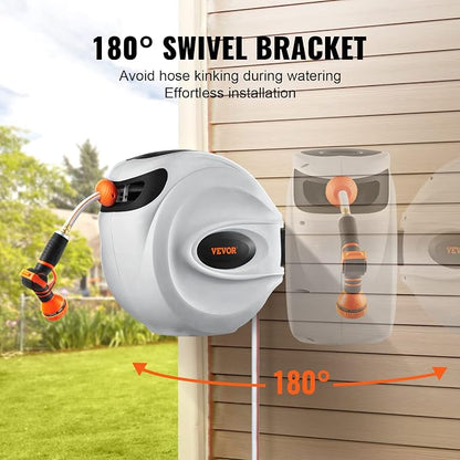 VEVOR Retractable Hose Reel, 65 ft x 5/8 inch, 180° Swivel Bracket Wall-Mounted & Retractable Air Hose Reel, 3/8 IN x 50 FT Hybrid Air Hose Max 300PSI