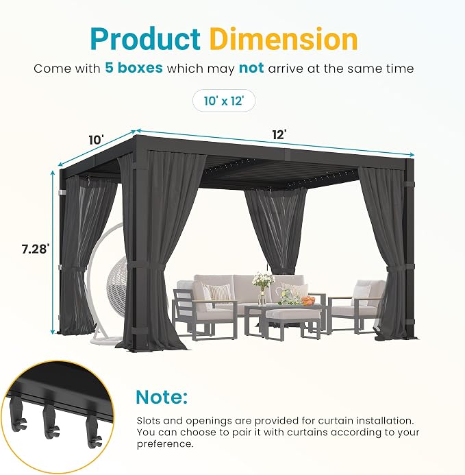 10' x 12' Louvered Pergola, Outdoor Pergola with Curtains & Netting, Aluminum Frame Patio Pergola with Adjustable Louvers Roof & Gutter System, Hardtop Gazebo for Patio, Deck, Garden, Yard, Dark Gray
