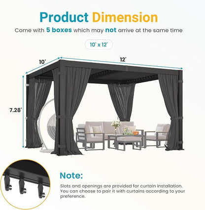 10' x 12' Louvered Pergola, Outdoor Pergola with Curtains & Netting, Aluminum Frame Patio Pergola with Adjustable Louvers Roof & Gutter System, Hardtop Gazebo for Patio, Deck, Garden, Yard, Dark Gray