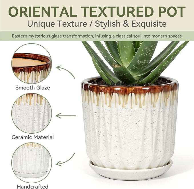 10 Inch Ceramic Planter Pot with Saucer Drainage Leak-Proof Mesh,Flower Pots for Indoor Plants with Gardening Gloves,Ceramic Planter(Linen White)