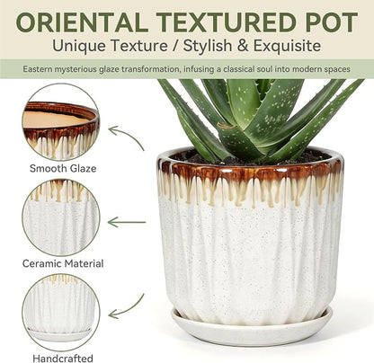 10 Inch Ceramic Planter Pot with Saucer Drainage Leak-Proof Mesh,Flower Pots for Indoor Plants with Gardening Gloves,Ceramic Planter(Linen White)