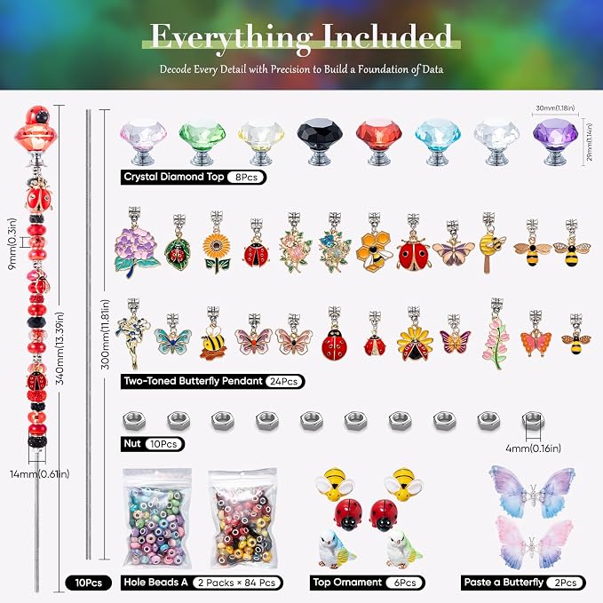 264Pcs Beaded Garden Stakes with Cute Animal- Bee, Ladybug, Bird & Butterfly Fairy Wand Kit,12in Threaded Rods for Spring Garden Outdoor&Indoor Decorations