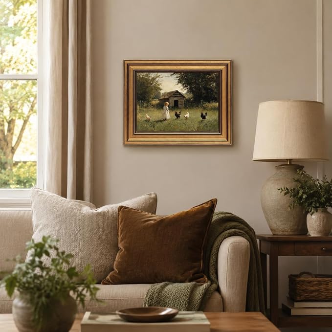Devunaty Gold Framed Country Canvas Wall Art, Vintage Farm Girl with Chickens Poster Print, Rustic Landscape Painting Picture, Pastoral Farmhouse Artwork Wall Decor for Bedroom Nursery Bathroom 12x16in