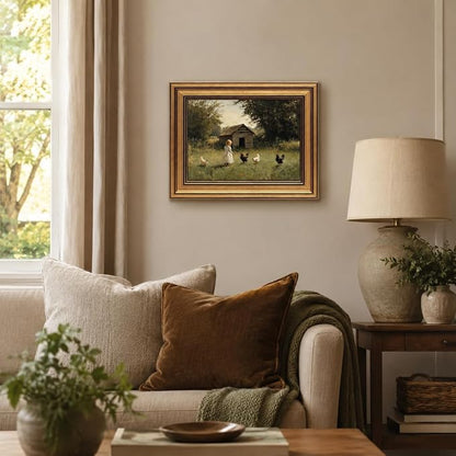 Devunaty Gold Framed Country Canvas Wall Art, Vintage Farm Girl with Chickens Poster Print, Rustic Landscape Painting Picture, Pastoral Farmhouse Artwork Wall Decor for Bedroom Nursery Bathroom 12x16in