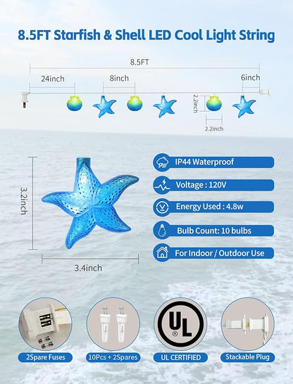 8.5Ft Beach Themed Seashell String Lights, 10L LED Starfish Seashell Lights Plug in for Boho Coastal Bedroom Seashell Party Nautical Party Holiday Decor, Indoor Outdoor