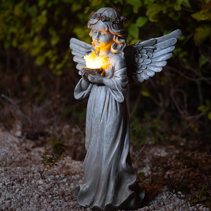 Angel Garden Statue Outdoor Decor, Angel Garden Figurine Hold Bird's Nest with Solar Lights Waterproof Resin Yard Art Decoration Lawn Ornament Sculpture for Outside Patio Yard Gift