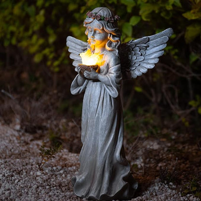 Angel Garden Statue Outdoor Decor, Angel Garden Figurine Hold Bird's Nest with Solar Lights Waterproof Resin Yard Art Decoration Lawn Ornament Sculpture for Outside Patio Yard Gift