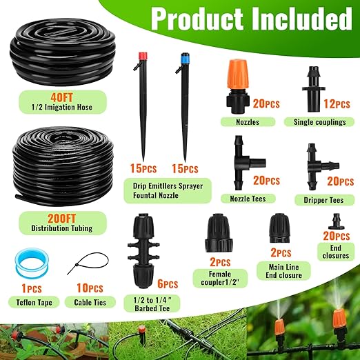 240FT Drip Irrigation System, Automatic Drip Irrigation Kits Quick-Connect for Greenhouse, Yard, Lawn, Plant, Garden Watering Misting System with 1/2 inch Hose 1/4 inch Distribution Tubing