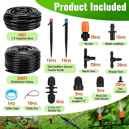 240FT Drip Irrigation System, Automatic Drip Irrigation Kits Quick-Connect for Greenhouse, Yard, Lawn, Plant, Garden Watering Misting System with 1/2 inch Hose 1/4 inch Distribution Tubing