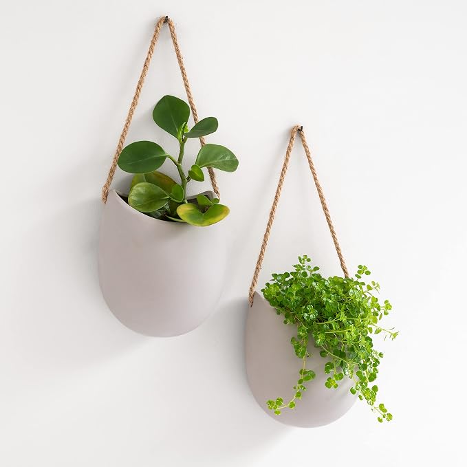 Kazai. Wall Planters -Ellie- | Hanging Ceramic Plant Pots 2 Pieces | Wall Decoration for Indoors, Balcony and Garden | Light Gray (Matte)