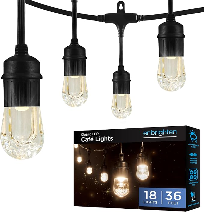 Enbrighten Classic Warm White String Lights, 36ft Black Cord, 18 Shatterproof Acrylic Bulbs, Weatherproof, Outdoor String Lights, 33171