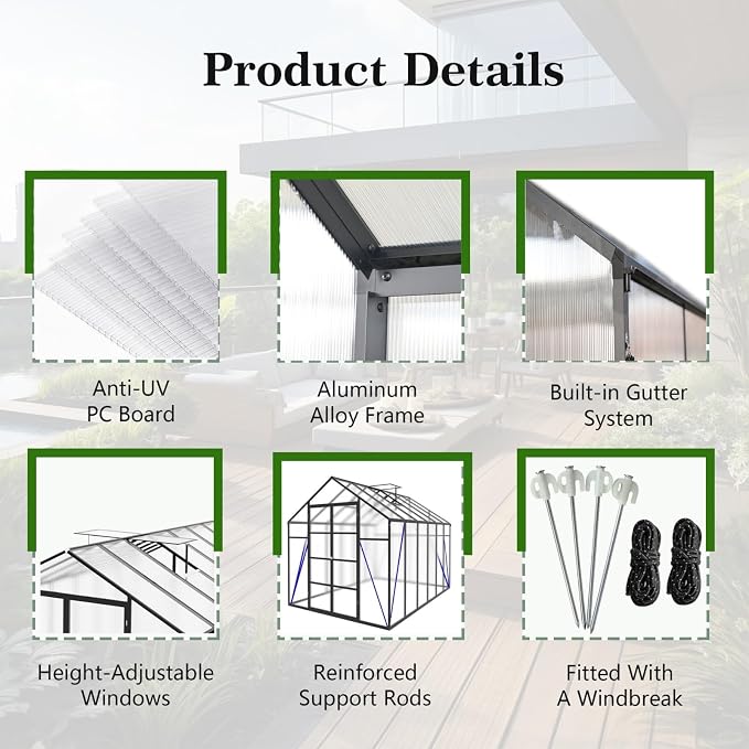 10x12 FT Greenhouse, Walk-in Heavy Duty Polycarbonate Outdoor Greenhouses with Raised Base & Anchor, Drainage System & Height-Enhanced Aluminum Frame for Backyard All Season Growing, Black