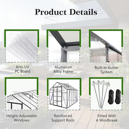 10x12 FT Greenhouse, Walk-in Heavy Duty Polycarbonate Outdoor Greenhouses with Raised Base & Anchor, Drainage System & Height-Enhanced Aluminum Frame for Backyard All Season Growing, Black